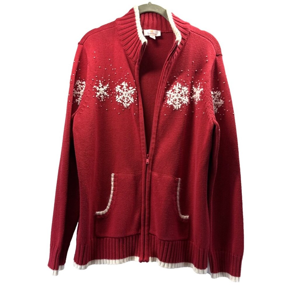 Quacker Factory Sweater Cardigan M Red Snowflake Beaded Angora Christmas Holiday